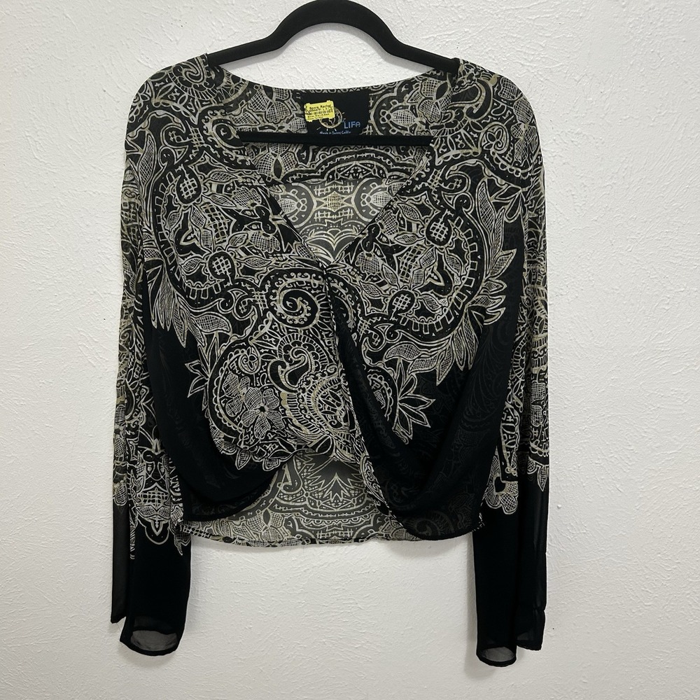 Blue Life Black Floral Crossover Drape Top Size S Fairy Cottage Boho Whimsigoth
